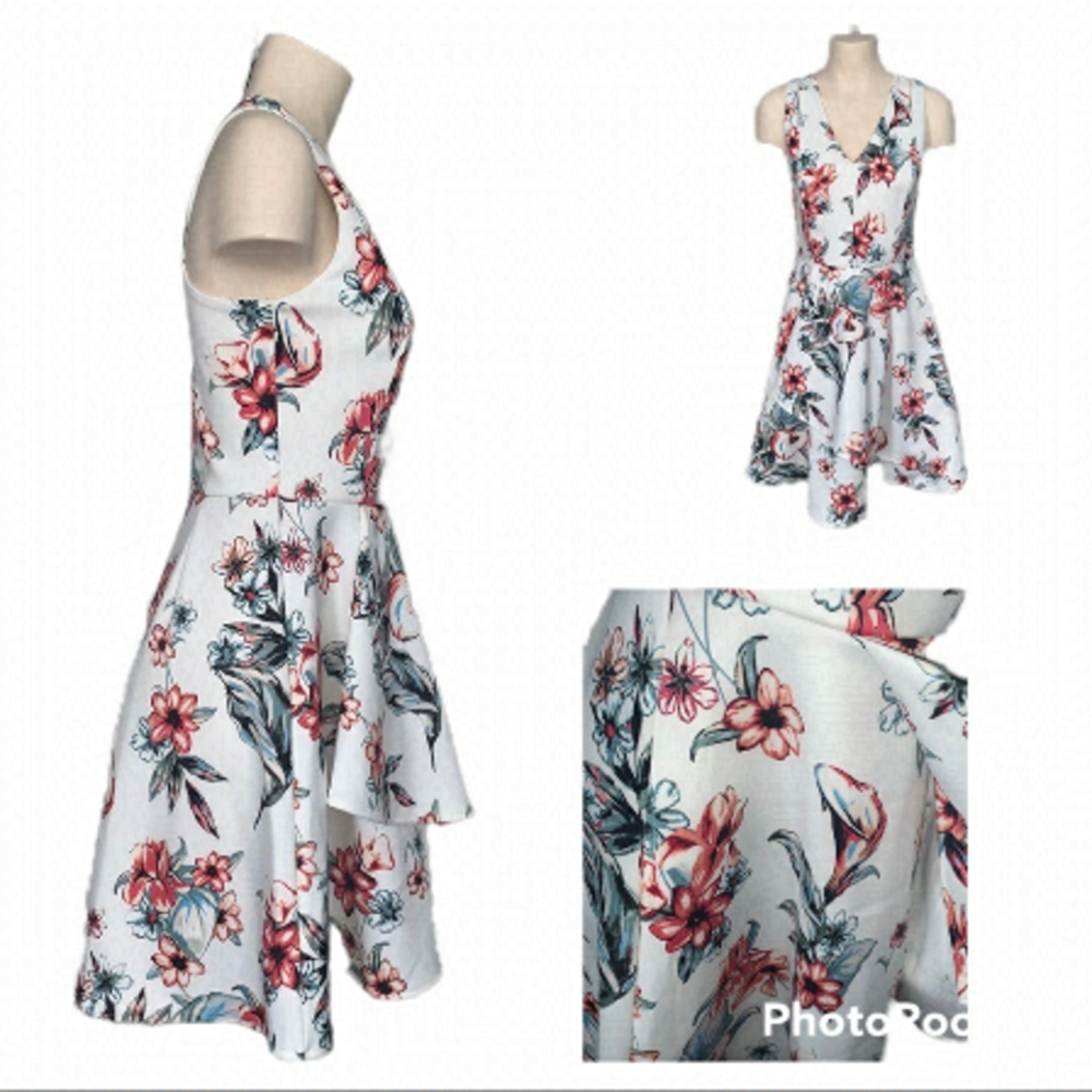 Dex White Floral Fit-and-Flare Dress with Pink and Green Blooms